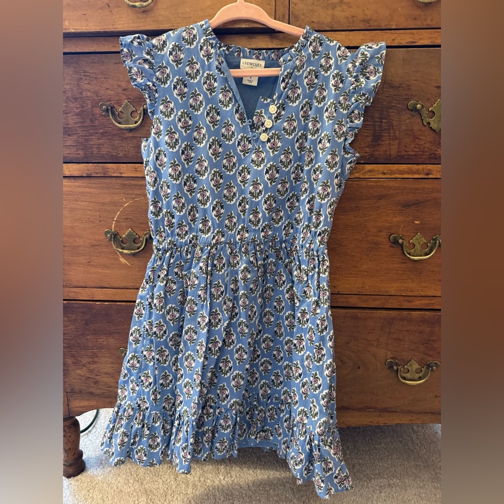 Crewcuts Girls Cornflower Blue Cotton Dress Floral Ruffle Cap Sleeves, Size 6